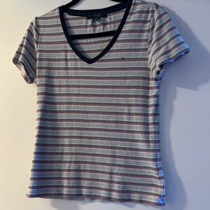 Tommy Hilfiger Gray and White Fitted Short Sleeve T-Shirt